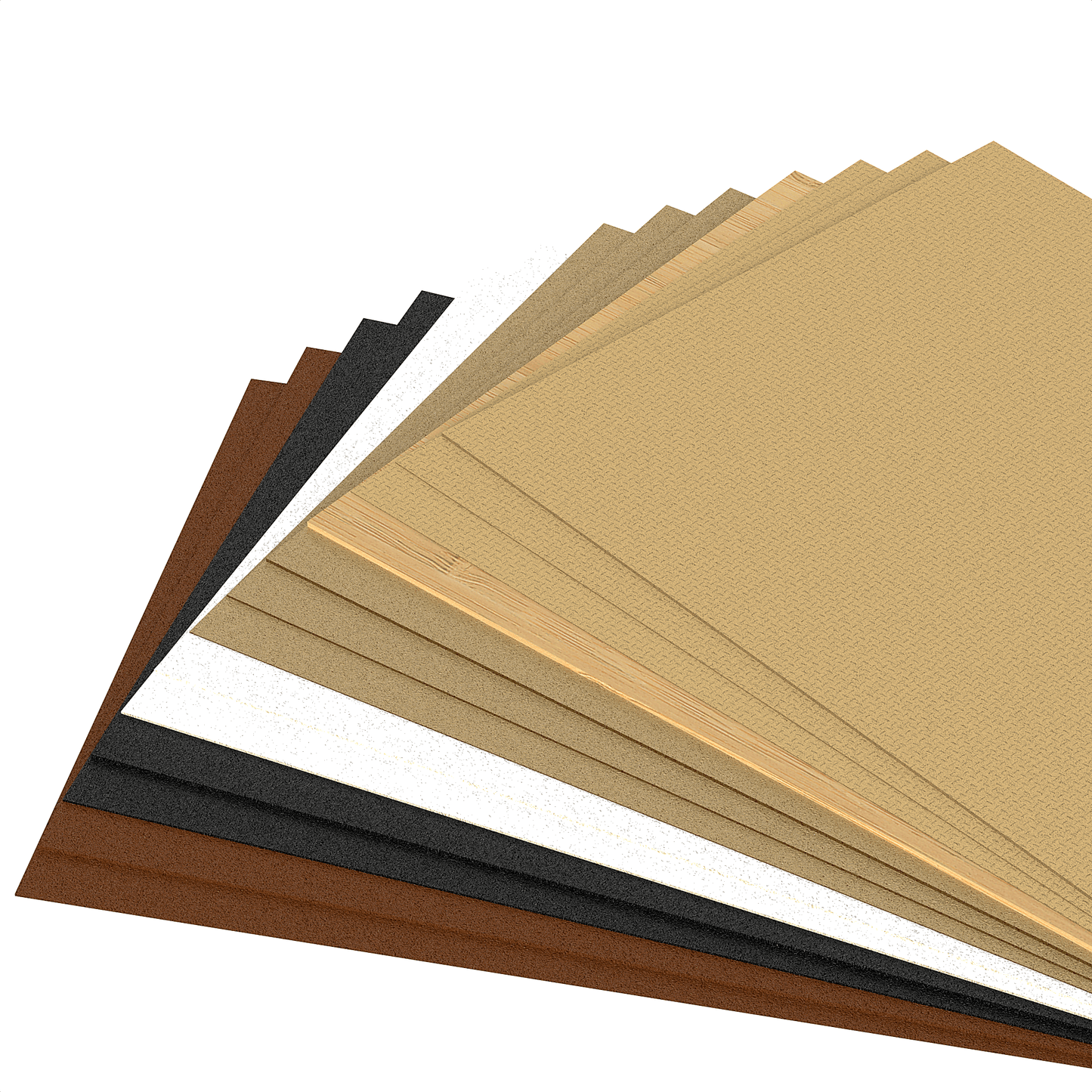 Material swatch fan with biobased sheet materials in natural tones