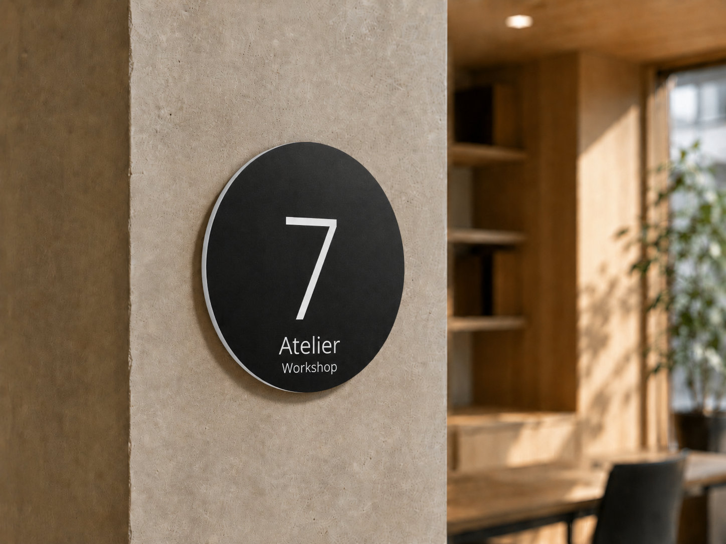 Rond zwart atelierbord met wit nummer 7 bij een entree