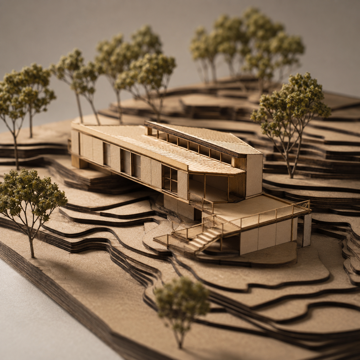 Architectuurmaquette van een modern gebouw in een gelaagd landschap