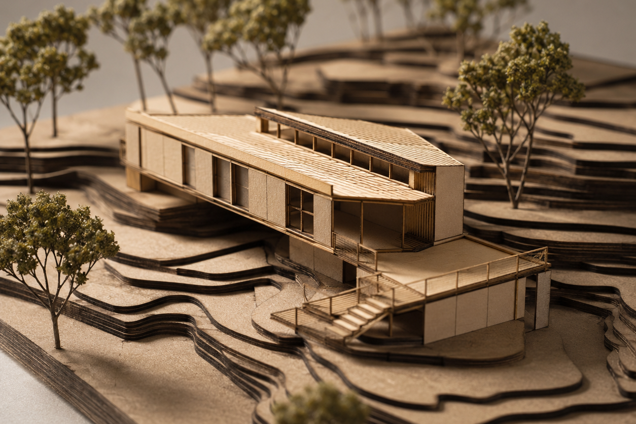 Architectural model of a modern building in a layered landscape