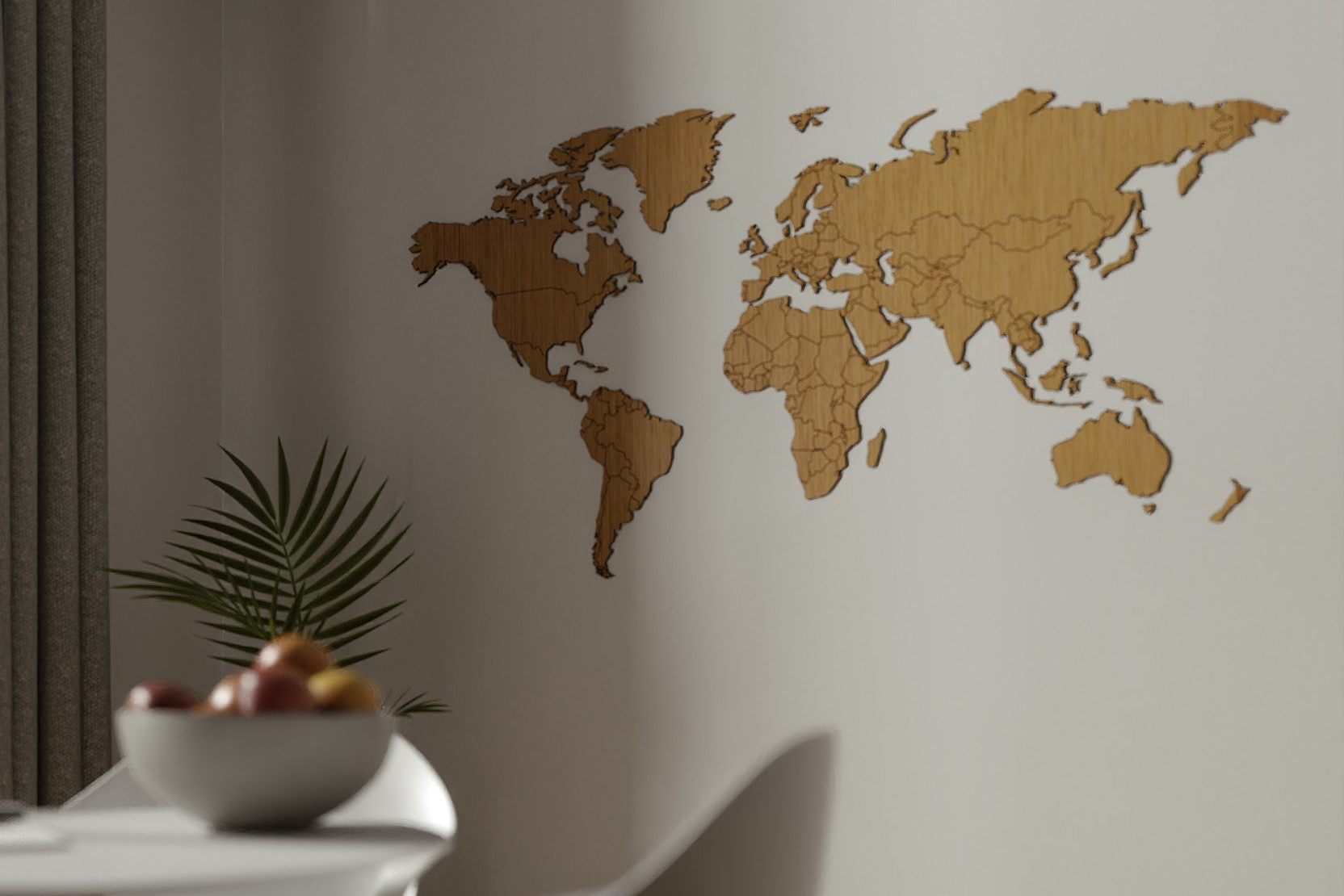 World map made of oak as a wall decoration in a dining room