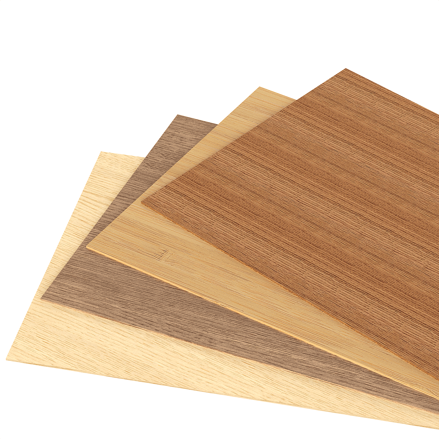 Material swatch fan with decorative wood veneer in different types of wood