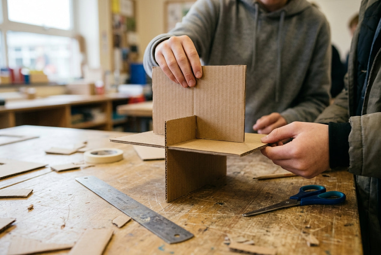 Hand bouwt een klein kartonnen prototype in een workshop