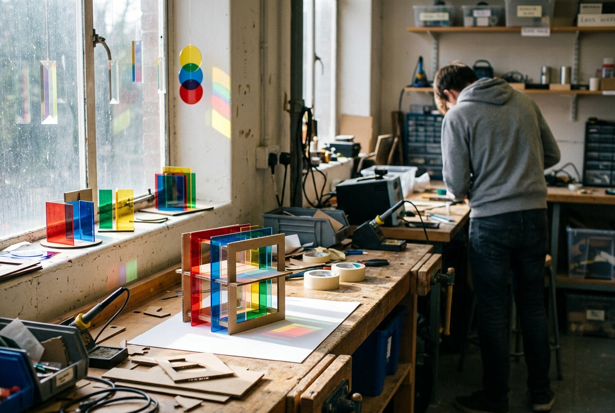 Maker werkt tussen kleurrijke prototypes in een makerspace