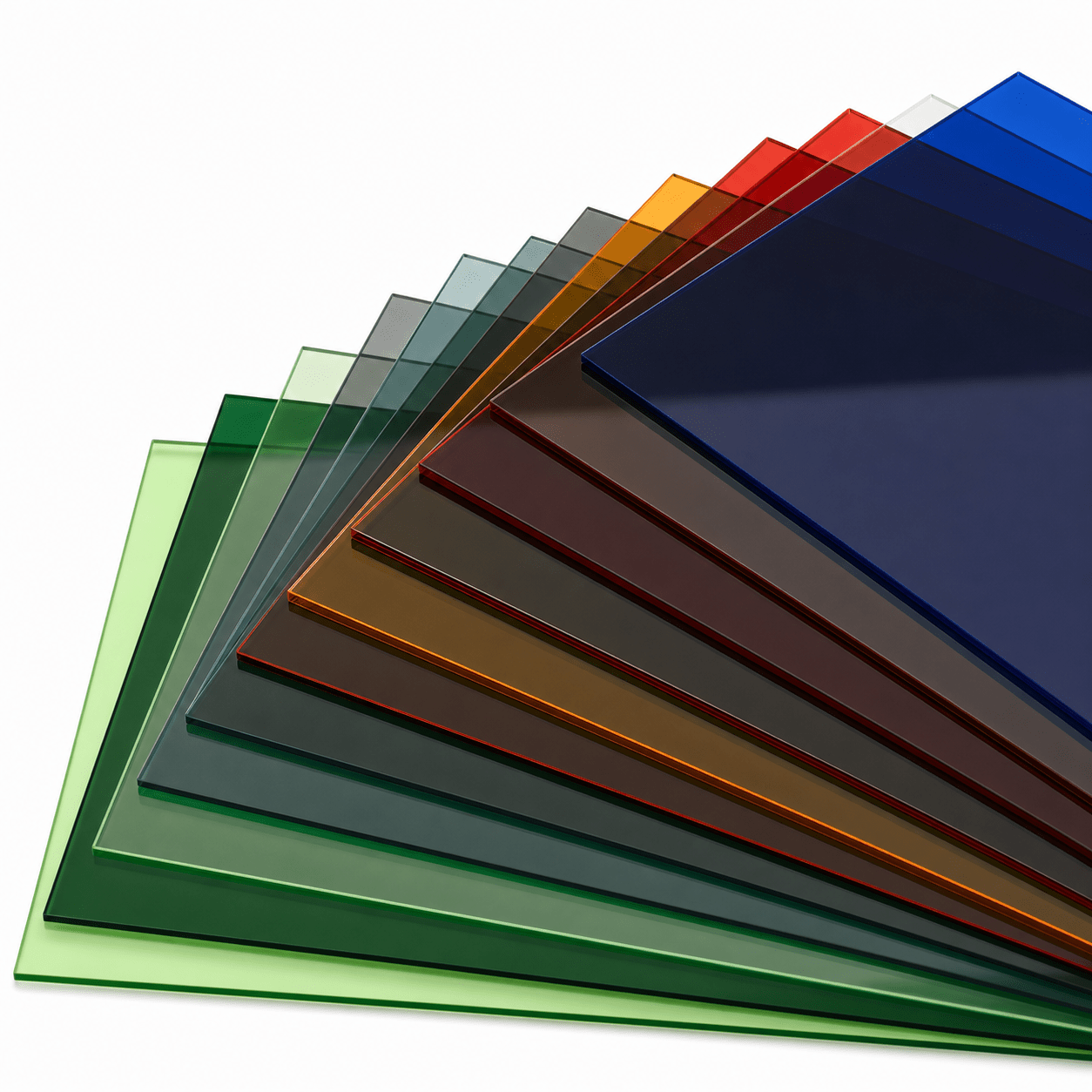 Material swatch fan with tinted transparent acrylic in different colors