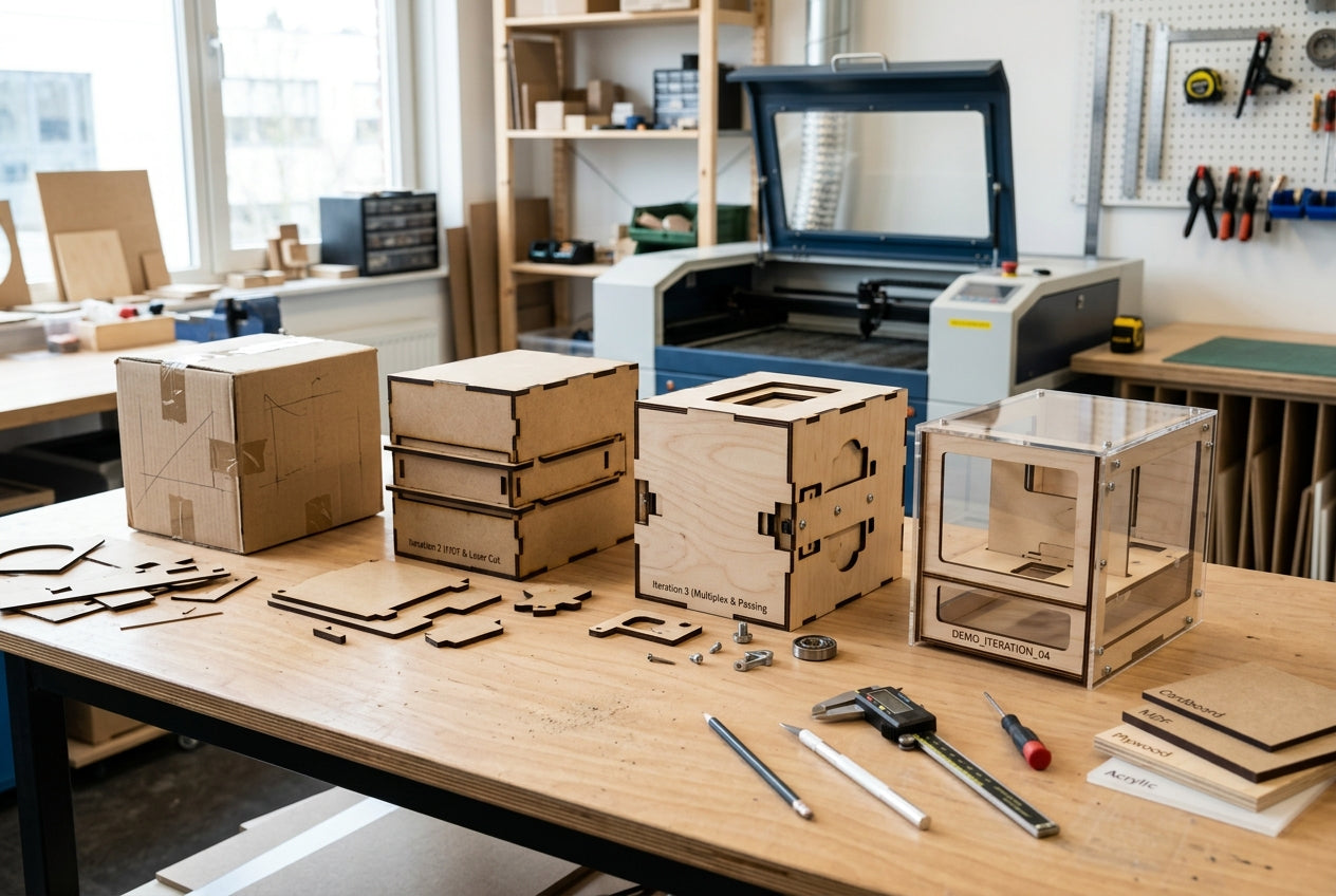 Cardboard and wooden prototypes on a work table