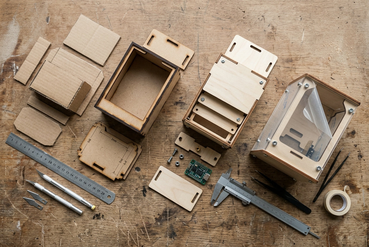 Onderdelen en prototypes van hout en karton met meetgereedschap