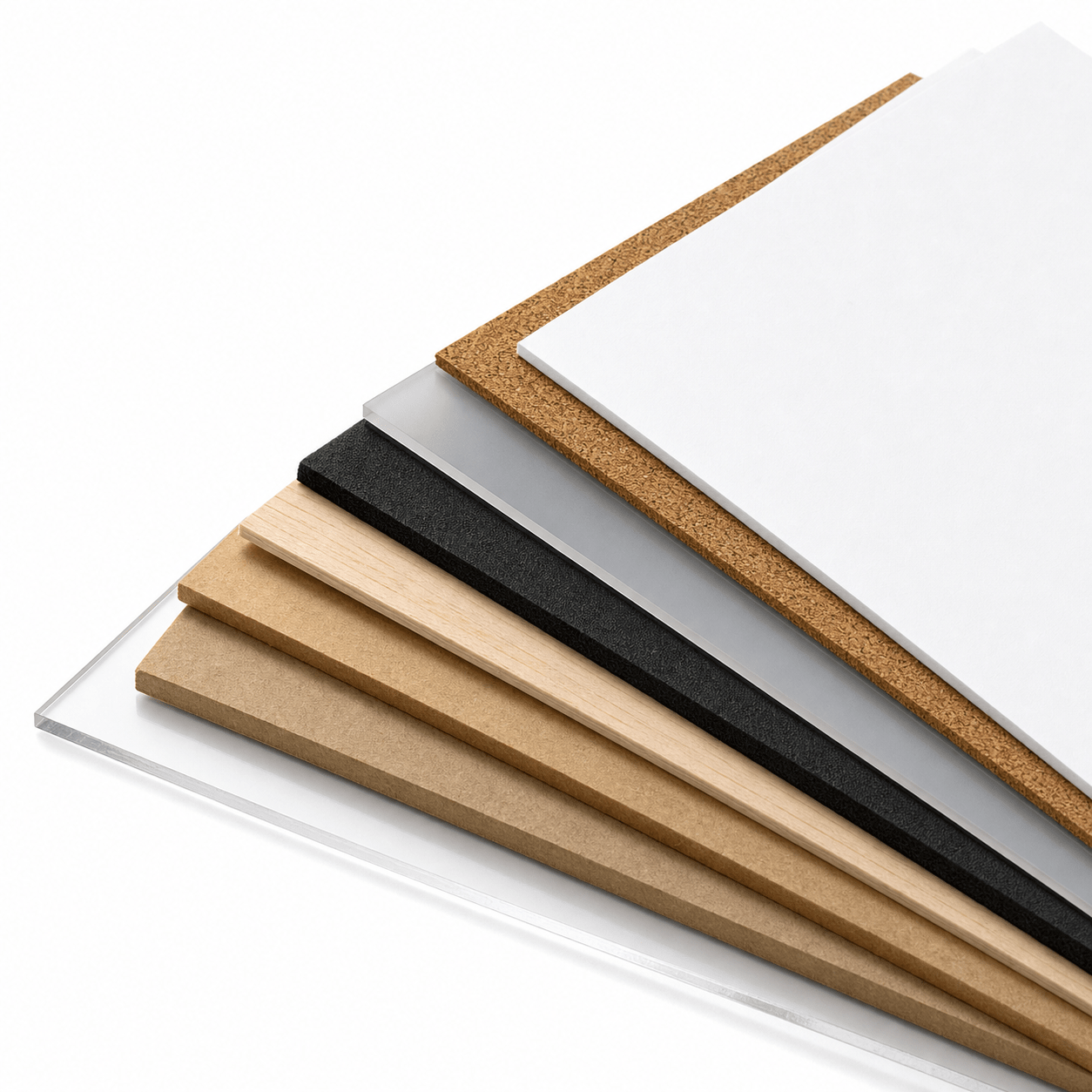 Stacked wood, MDF, cardboard and acrylic sheets from the prototyping bundle