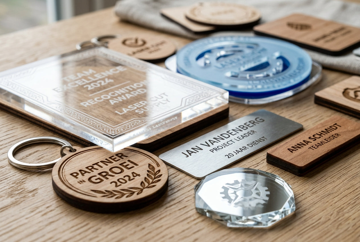 Personalized key rings and labels made of wood and acrylic