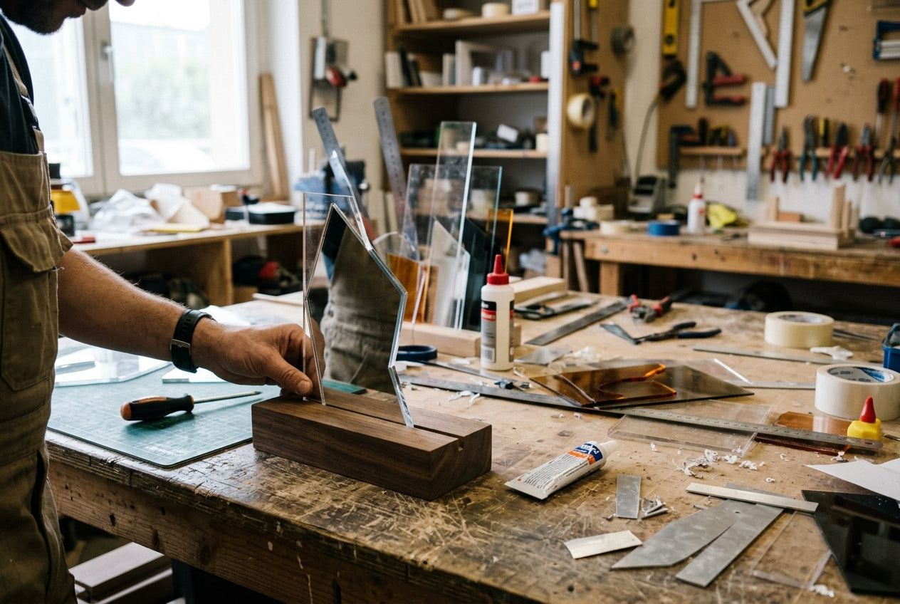 Maker graveert en monteert kleine producten in een werkplaats