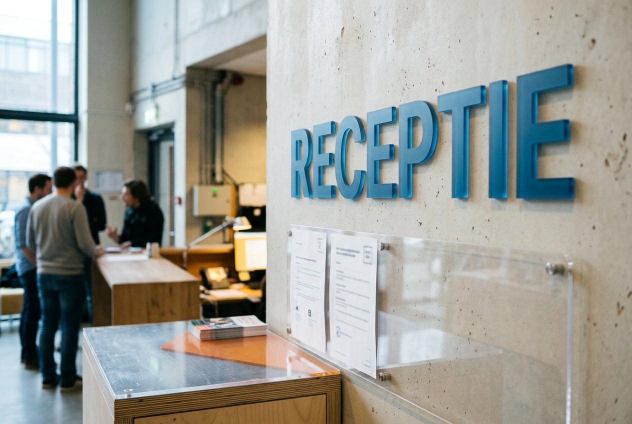 Acrylic letters with the word Reception on a concrete wall