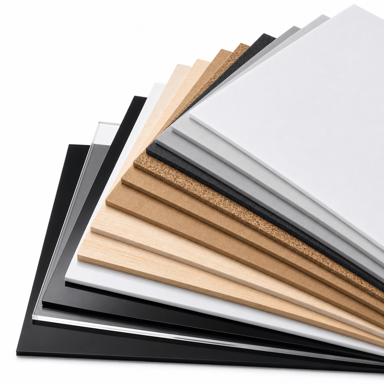 Material swatch fan with wood, MDF, foam and acrylic from the starter pack for CO2 lasers