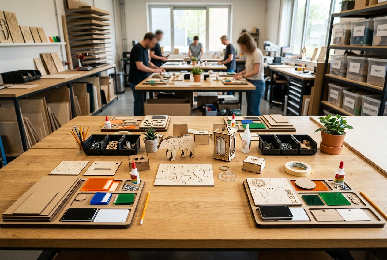 Creative workshop table with materials, samples and tools
